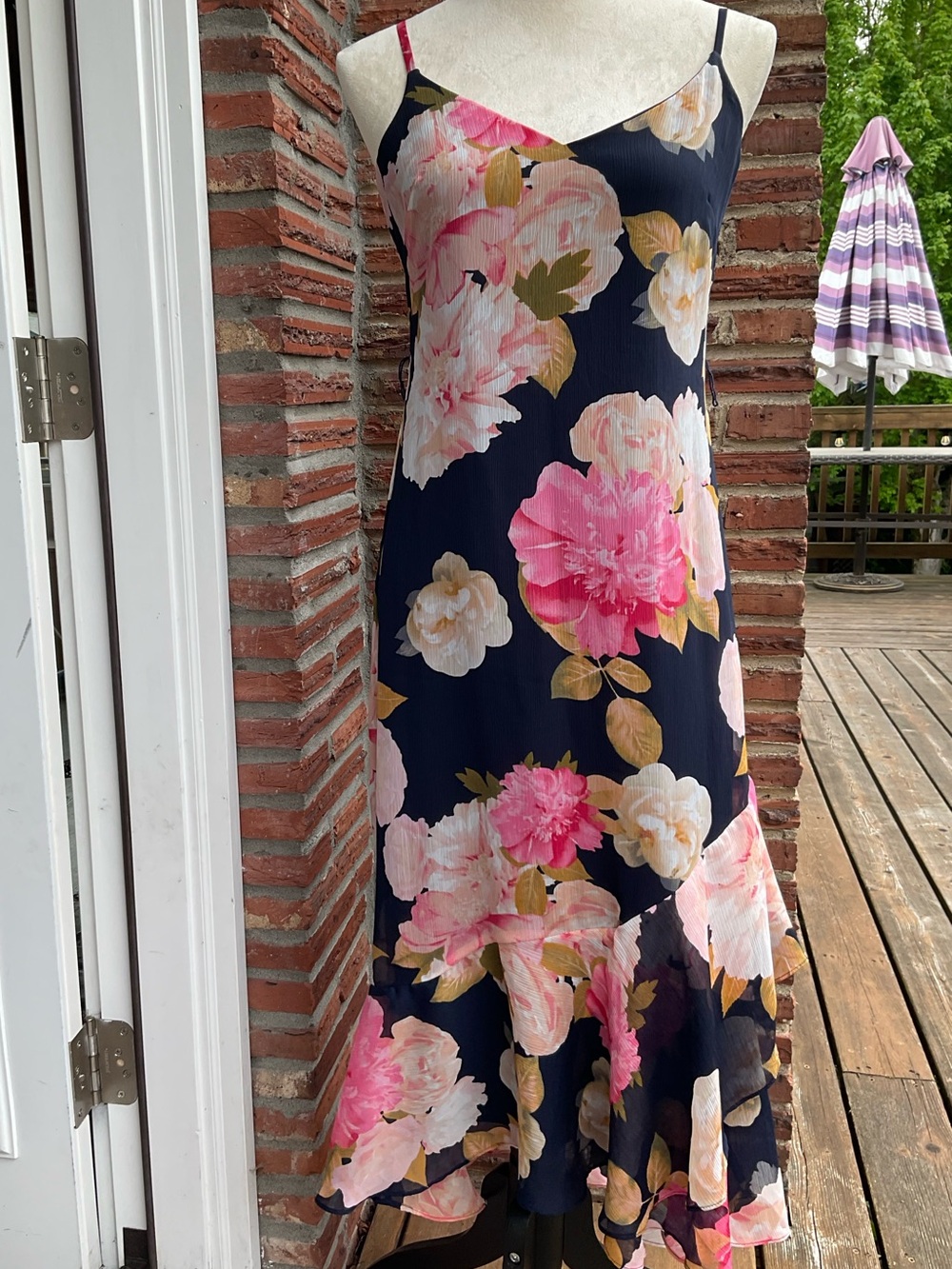 🪷Wedding Outfit Karl Lagerfeld Navy Midi Slip Dress with Cream Floral Print Sz6